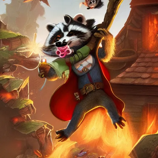 Prompt: raccoon rogue escaping a mansion he robbed, cinematic, detailed, d & d, colorful, hyperrealistic, trending on artstation