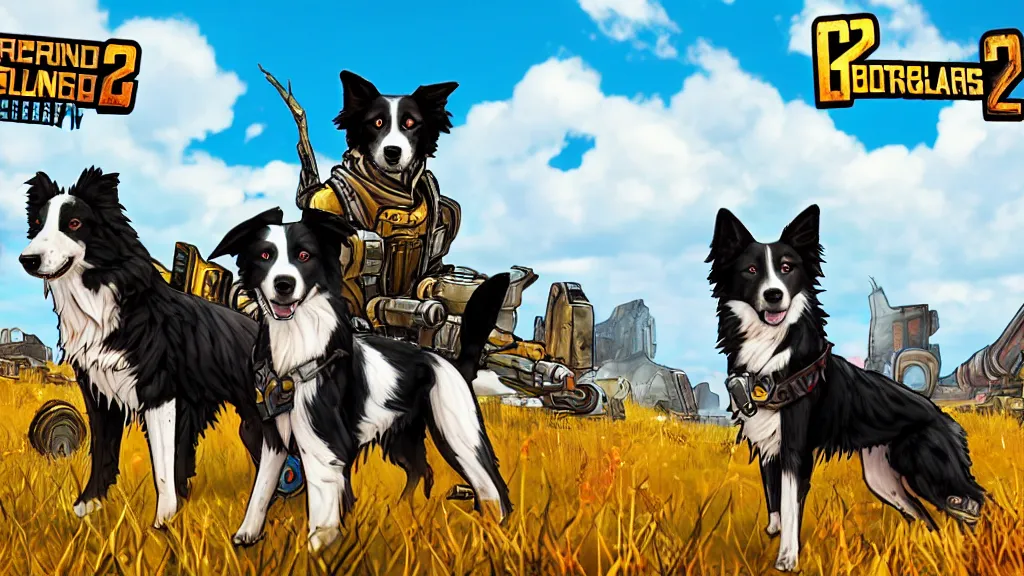 Image similar to border collie dog in the style of borderlands 2. Border collie is in the centre of the frame. Borderlands 2 level background.