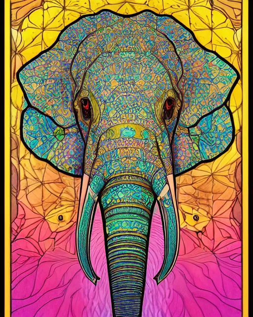 Image similar to Elephant head art surrounded by varities of pineapple, cell shading, voronoi, fibonacci sequence, sacred geometry by Alphonse Mucha, Moebius, hiroshi yoshida, Art Nouveau, colorful, ultradetailed, vivid colour, 3d