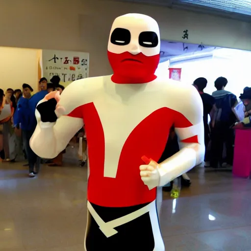 Prompt: white bread man, japanese superhero, cartoon character,