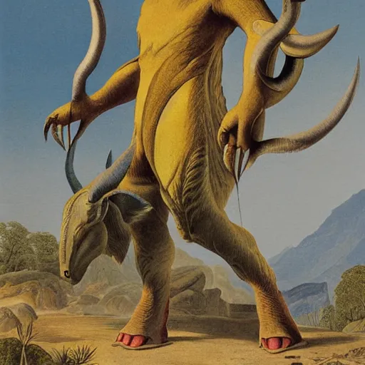 Prompt: aurochs kaiju standing in mountain valley, j ohn james audubon print