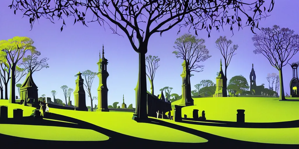 Prompt: park with gothic lanterns, gouache, animated film, stylised, illustration, by eyvind earle, scott wills, genndy tartakovski, syd mead