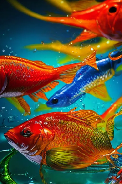 Prompt: hyper - realistic portrait of colorful fish in glass bowl, photorealism, very sharp focus, portrait photography, volumetric lighting, insanely detailed, artstation, 4 k, 8 k