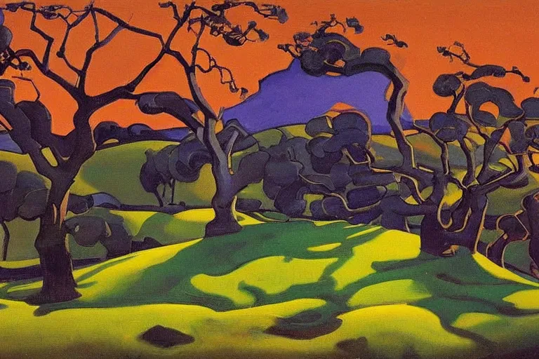 Image similar to masterpiece painting of oak trees on a hillside overlooking a creek, dramatic lighting, by nicholas roerich