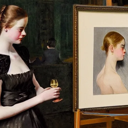 Image similar to elle fanning holding a martini, extremely detailed masterpiece, illustration, by william merritt chase,