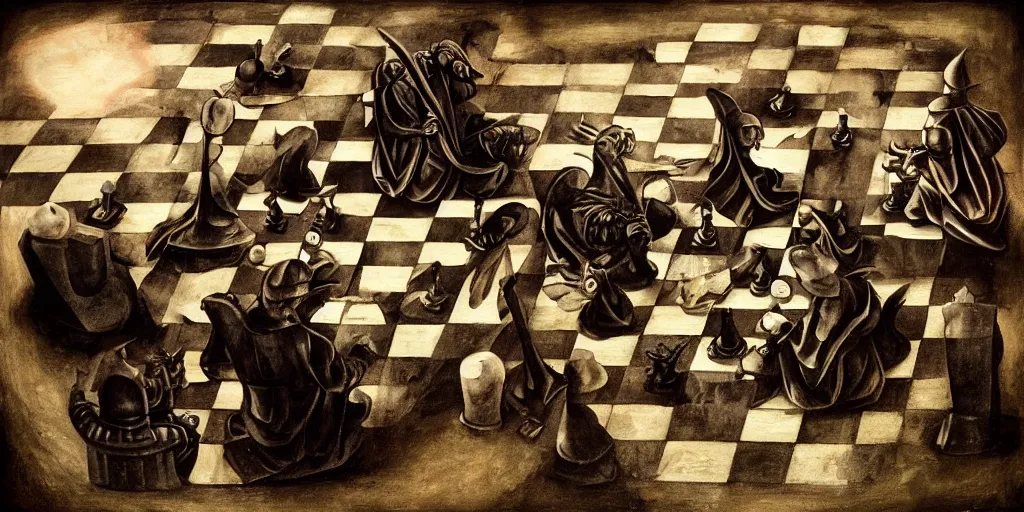 Prompt: chess game, chess, black square, white square, gameplay in style of hieronymus bosch paintings, painting, gameplay, high detailed, dark fantasy, dark tones, armored units, high detailed, contrast, octane render, mill, farm, creative