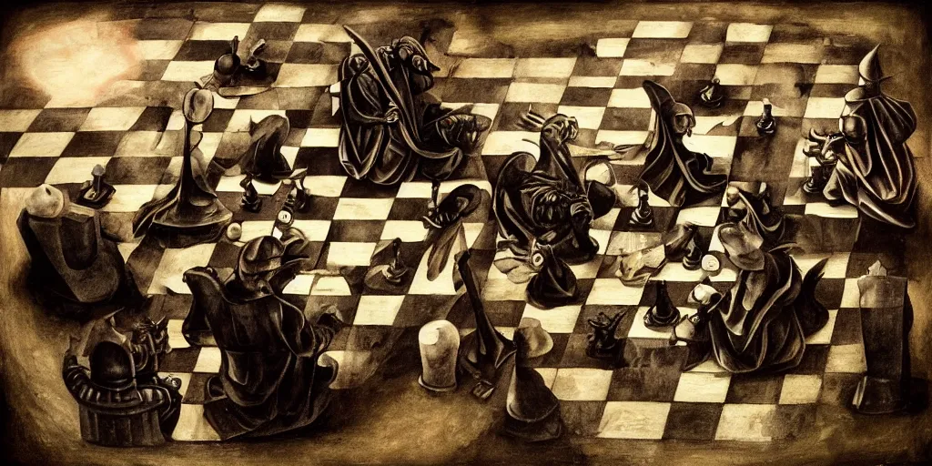 prompthunt: chess game, chess, black square, white square, gameplay in  style of hieronymus bosch paintings, painting, gameplay, high detailed,  dark fantasy, dark tones, armored units, high detailed, contrast, octane  render, mill, farm