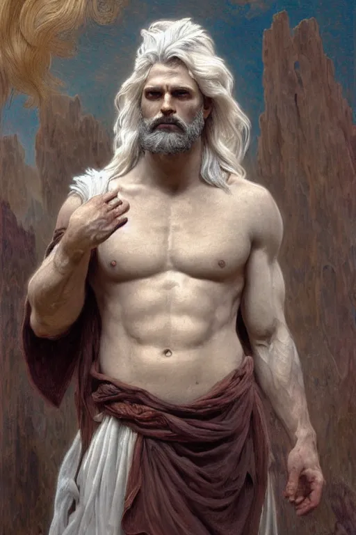 Prompt: painted portrait of rugged zeus, god of thunder, greek god, white hair, masculine, powerful, handsome, opulent, upper body, white robe, muscular, hairy torso, fantasy, intricate, elegant, highly detailed, digital painting, artstation, concept art, smooth, sharp focus, illustration, art by gaston bussiere and alphonse mucha