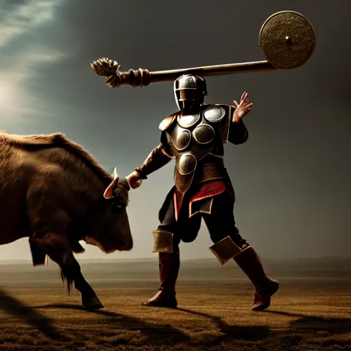 Image similar to a minotaur wearing plate armor and holding a mace, high resolution film still, 4k, HDR lighting, film by Thor Freudenthal and Chris Columbus