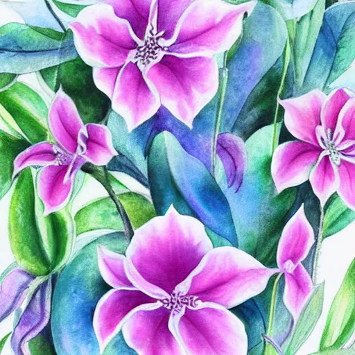 Image similar to water colour botanical designs, illustration, pastel colours, smooth, magical painting