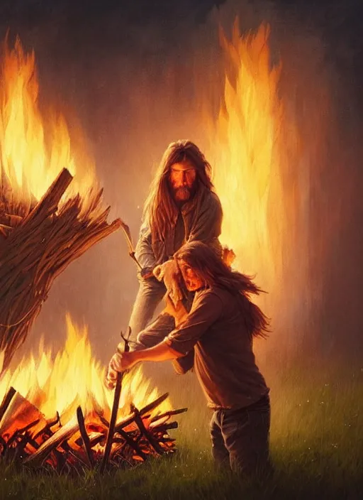 Image similar to highly detailed portrait of long - haired hillbilly around a bonfire, stephen bliss, unreal engine, art by greg rutkowski, loish, rhads, ferdinand knab, makoto shinkai and lois van baarle, artgerm, pixar, ilya kuvshinov, rossdraws, tom bagshaw, global illumination