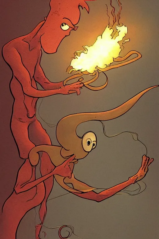 Prompt: squidward firebending outside at susnset, art by moebius