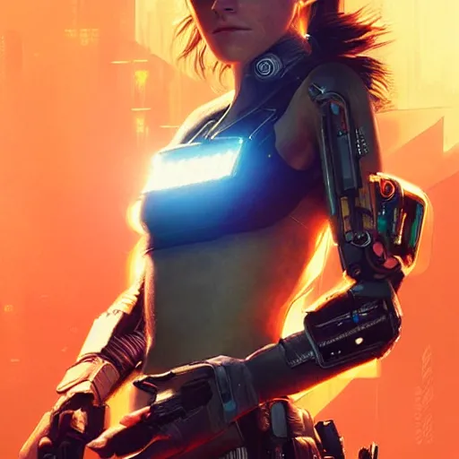 Image similar to emma - watson!! emma watson in cyberpunk 2 0 7 7, promotional, intricate, elegant, highly detailed, digital painting, artstation, concept art, smooth, sharp focus, illustration, art by artgerm and greg rutkowski