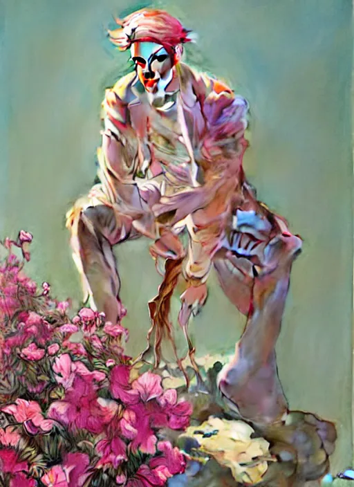 Prompt: androgynous cute pink haired male, muted colors, colorful flowers, sunlight filtering through skin, j. c leyendecker, by alan lee, wlop! illustrated by starember, fantasy art by craig mullins cfg _ scale 9