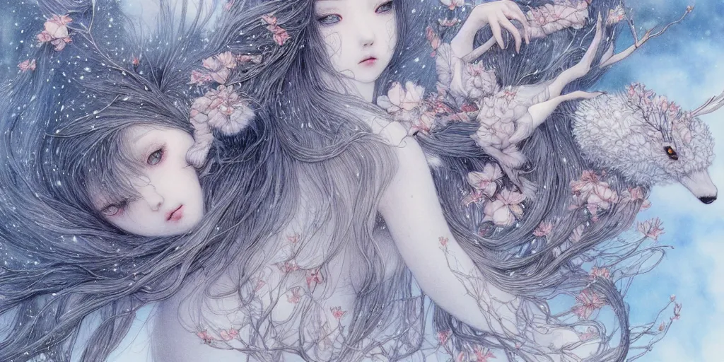 Image similar to breathtaking delicate detailed concept art winter creatures, by miho hirano, bizarre compositions, exquisite detail, pastel colors, 8 k