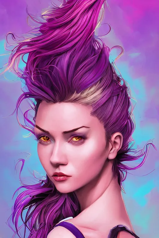 Prompt: a award winning half body porttrait of a beautiful woman in a croptop with ombre purple pink teal hairstyle with head in motion and hair flying by marvel comics and sandra chevelier, outrun, vaporware, illustration, digital art, trending on artstation, highly detailed, fine detail, intricate