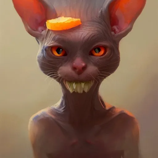 Image similar to An adorable hairless goblin cat stealing an orange, by Stanley Artgerm Lau, WLOP, Rossdraws, James Jean, Andrei Riabovitchev, Marc Simonetti, and Greg Rutkowski, trending on artstation