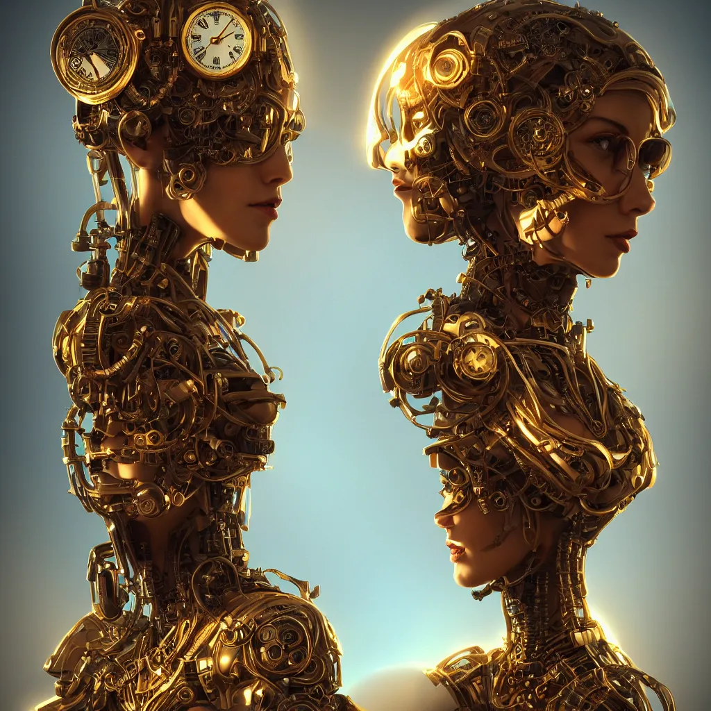 Image similar to portrait android woman time machine beautiful symmetrical face axonometric mechanical fantasy intricate elegant highly detailed, in volumetric void of latent space, golden steampunk, high contrast cinematic light, mystical shadows, digital painting, smooth, sharp focus, divine realm of gods, octane render, photographic, concept art, artist leonardo davinci, unreal engine 8 k