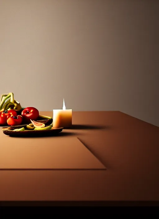 Image similar to a ballerina a wooden table, medieval concept art, cinematic lightning and colors, featured on cg society, photorealism, vray tracing, rendered in unreal engine, photorealistic, vegetables on table and candle, dark lightning, contrast shadows