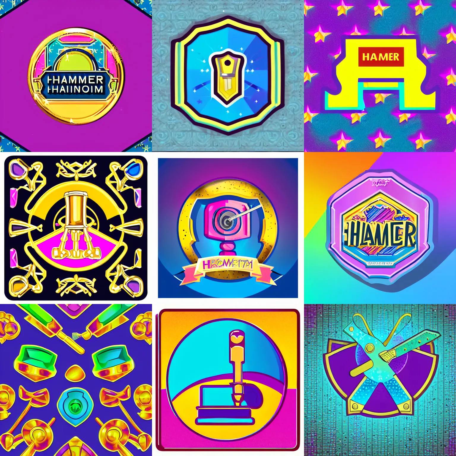 Prompt: 🔨 hammer icon designed by lisa frank, vector graphics forum badge, svg, symmetrical, transparent background, cute, metal, enamel, cloissonne, vintage, guilloche, gem stones, gilt, swarovski