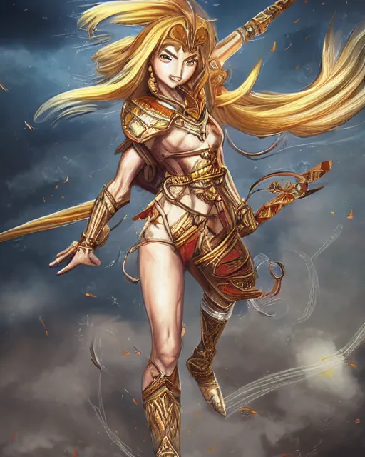 Image similar to A beautiful female warrior running, D&D, beautiful face, highly detailed face, fantasy art, female art, in the style of masami kurumada, illustration, epic, fantasy, intricate, hyper detailed, artstation, concept art, smooth, sharp focus, ray tracing