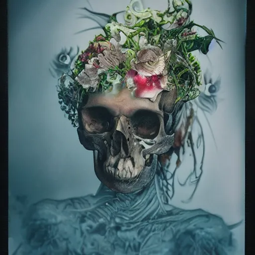 Image similar to a beautiful detailed front view portrait of a rotten woman corpse becoming a skull with fractal plants and fractal flowers and mushrooms growing around, volumetric light, beautiful lit, polaroid photography