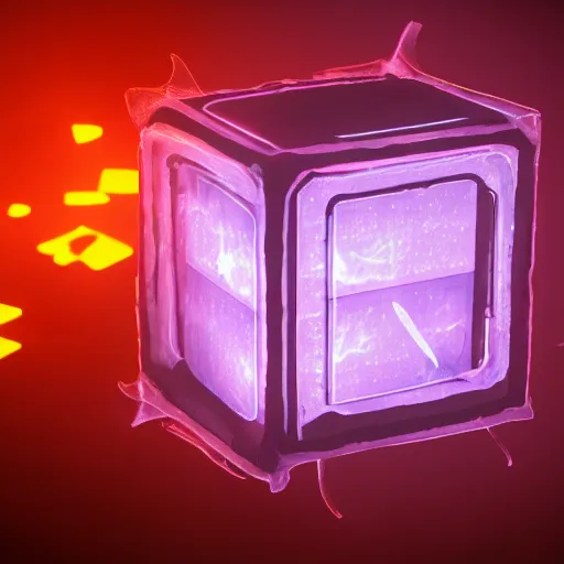 Image similar to glowing translucent cube in a meth lab, cyberpunk, dark room, trending on artstation, 4 k close up, wide angle