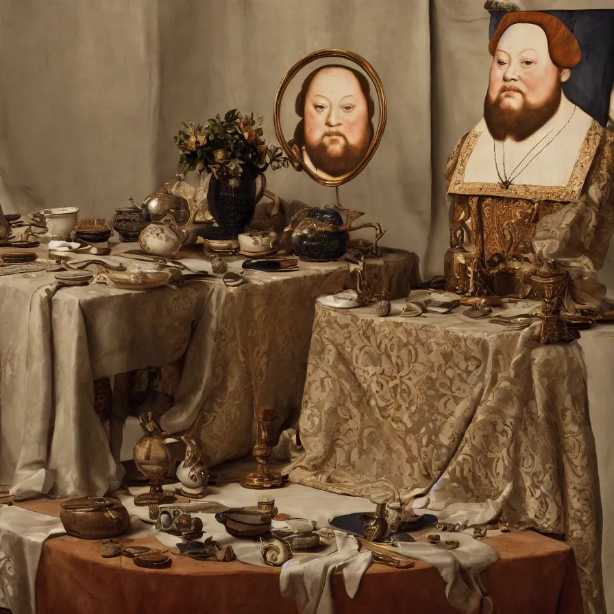 Image similar to beautiful studio photograph of a ceramics display with a portrait of henry the viii painted by hans holbein painted onto a tall angular stoneware vase with handles placed on a tablecloth on a wooden table, hyperrealism 8 k trending on artstation