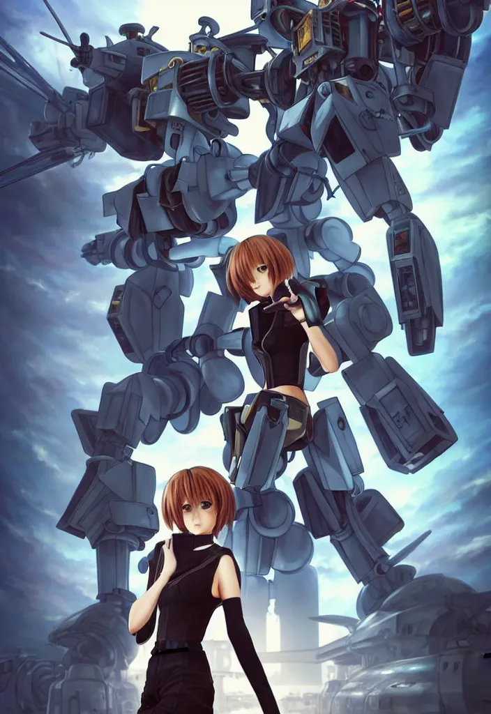 Image similar to beautiful full body portrait of one anime female with short hair, wearing mechanic clothing, in a mech repair facility standing in front of a gigantic gundam style mech, drinking soda, D&D, fantasy, intricate, elegant, highly detailed, digital painting, artstation, concept art, smooth, sharp focus, illustration, art by artgerm and KyuYong Eom and WLOP and Krenz Cushart and greg rutkowski and alphonse mucha