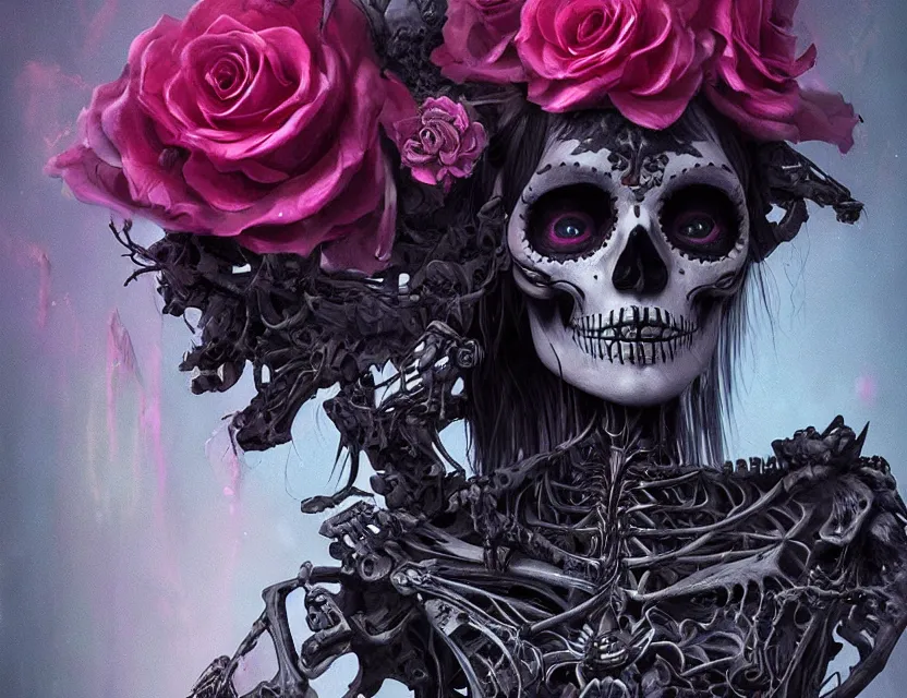 Image similar to a chaotic goddess of death skeleton as a heroine, intricate, elegant skull black rose s day of the dead atmospheric, dramatic, Trending on artstation. augmentations and cybernetic enhancements neon circuits, greg rutkowski , hyperrealist, cinema4D, 8k highly detailed