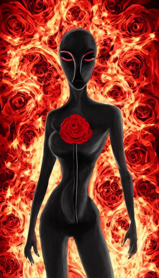 Image similar to Woman made of black flames, wearing a strict business suit, with no face, with glowing red eyes, with a red halo over her head, with red halo glowing out of her wrists, looking off to the side, growing out of a giant rose, rose petals flying in the wind, war, authoritarian, tense, digital painting, artstation, indieground, madness combat, strong dramatic cinematic lighting , blood red sky, grey skin, smooth, sharp focus, extremely detailed, illustration, concept art, sharp focus, by Annie Swynnerton and Nicholas Roerich, Godmachine, alphonse mucha''