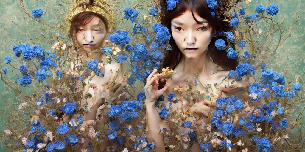 Image similar to breathtaking detailed concept art painting of the goddess of nemophila flowers, orthodox saint, with anxious, piercing eyes, ornate background, amalgamation of leaves and flowers, by Hsiao-Ron Cheng, James jean, Miho Hirano, Hayao Miyazaki, extremely moody lighting, 8K