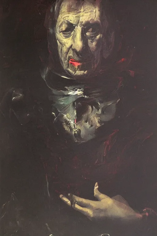 Image similar to menacing portrait of medici emerging from the dark void, loneliness in the dark void, painted by Adrian Ghenie, Eugène Delacroix, Francis Bacon,