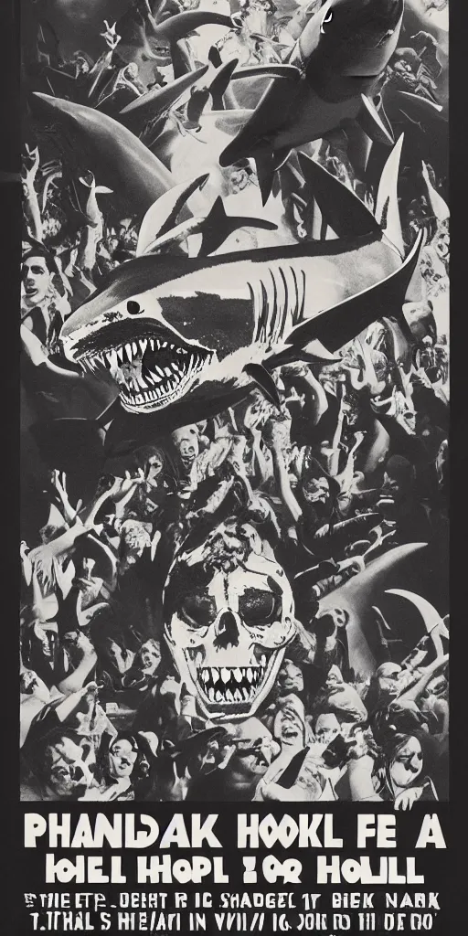 Prompt: propaganda poster for a shark rock star in hell, concert poster