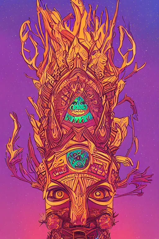 Image similar to totem animal tribal chaman vodoo mask feather gemstone plant wood rock video game illustration vivid color borderlands by josan gonzales and dan mumford radiating a glowing aura