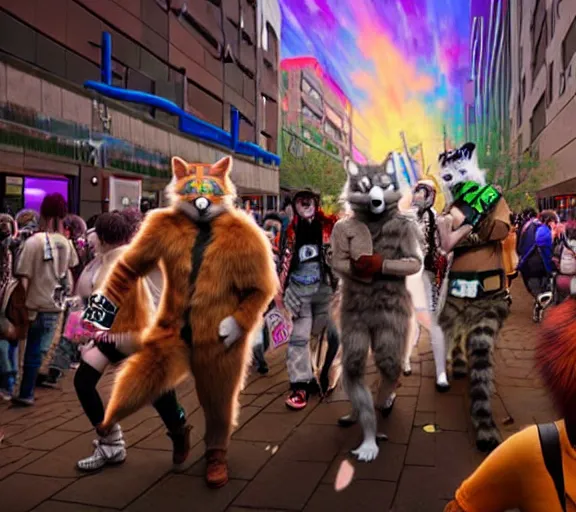 Image similar to high - resolution photograph from a genepunk era furry fandom convention ( midwest furfest 2 0 4 7 ), taking place after the genetic revolution and quantum singularity. photorealistic.