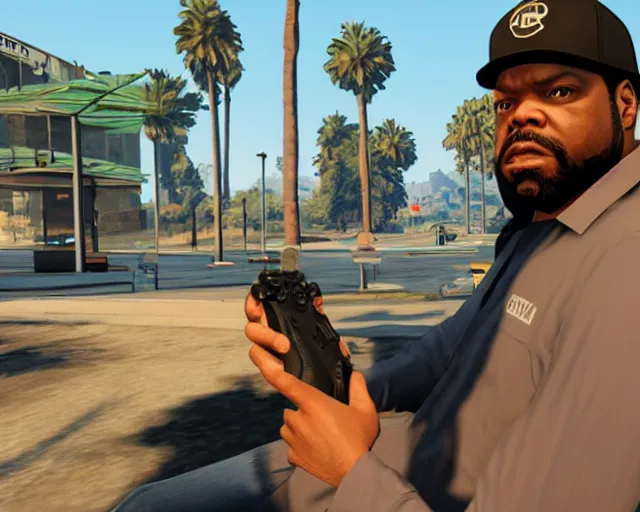Prompt: ice cube playing gta 5 on an xbox on a friday, cdx