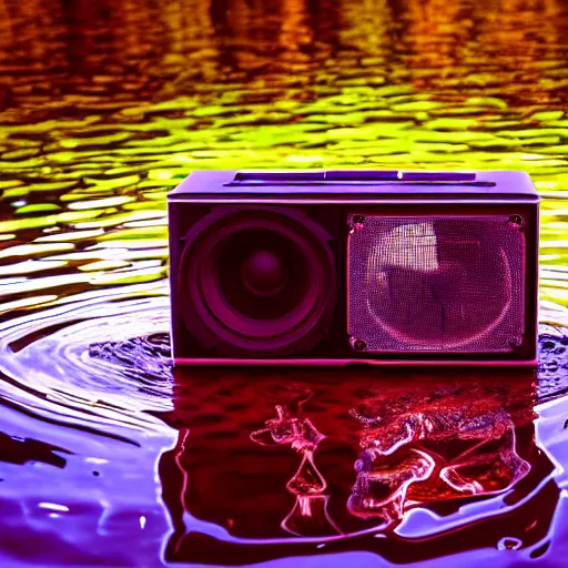 Prompt: 4 k polaroid wide angle photo of a glowing giant steel shiny reflective boombox speaker, half submerged in water, in a desert oasis lake, at dusk, with neon lighting