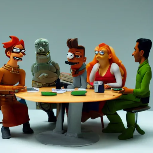 Prompt: the futurama crew sitting at a table, style of a clay animation.