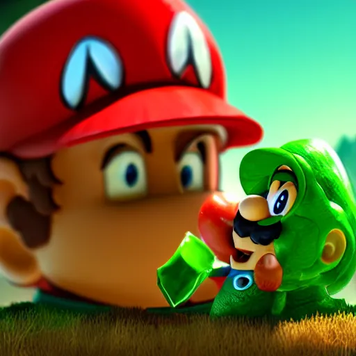 Image similar to Mario eating green mushroom, award winning, trending on artstation, unreal engine