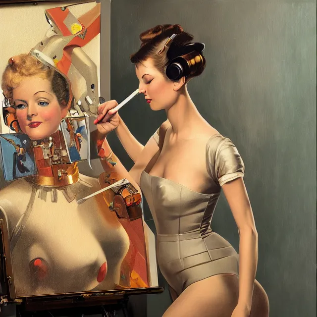 Image similar to robot artist painting a self - portrait on a canvas. intricate, highly detailed, digital matte painting in the style of gil elvgren and in the style of stephen hickman. irony, recursion, inspiration.