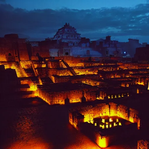 Image similar to ancient city of the aztecs, glowing torches, many buildings, at night, many people, epic wide angle, picture from 1000 years ago