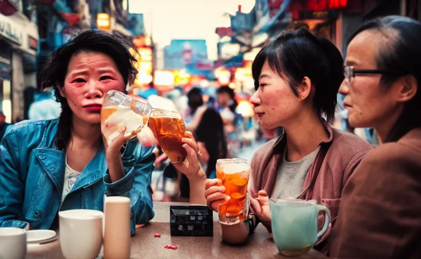 Image similar to cinestill 5 0 d candid photographic portrait by helen levitt of two android women sharing a drink at a cafe in cyberpunk china, extreme closeup, modern cyberpunk, dust storm, 8 k, hd, high resolution, 3 5 mm, f / 3 2, ultra realistic faces, intricate detail, ex machina