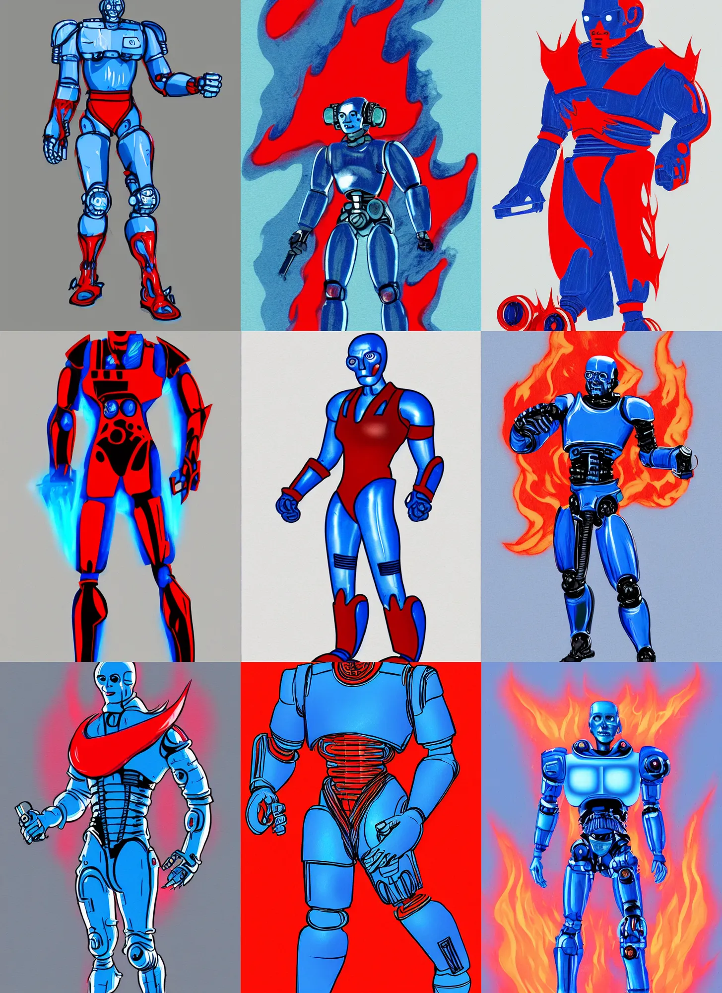Prompt: full body concept illustration of a retro sci - fi flat blue humanoid terminator, flat red flames