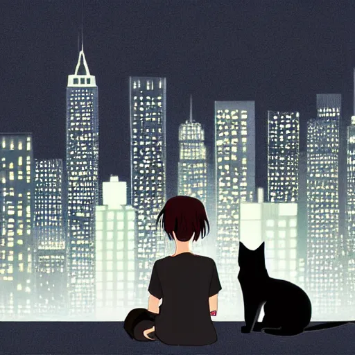 Prompt: woman with short black hair holding a cat looking at a city during the night, anime, simplistic, digital art