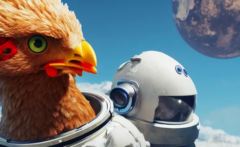 Prompt: a chicken wearing a astronaut suit in a alien planet, profile picture, digital art, concept art, trending on DeviantArt, highly detailed, high quality, 4K, cartoon, high coherence, path traced, blue sky in the background, octane render, digital painting