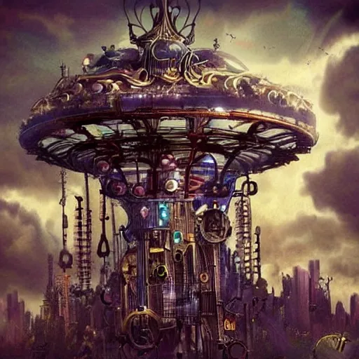 Image similar to flying city in a mechanical flower flower, sky, steampunk!!!, fantasy art, steampunk, masterpiece