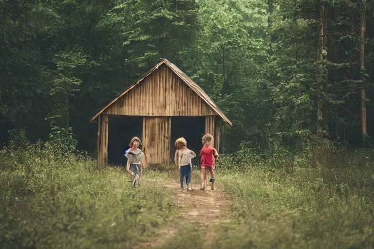 Image similar to a girl and his brother that is lost in the middle of a forest, infront of them is a mysterious dirty dusty cabin wooden house