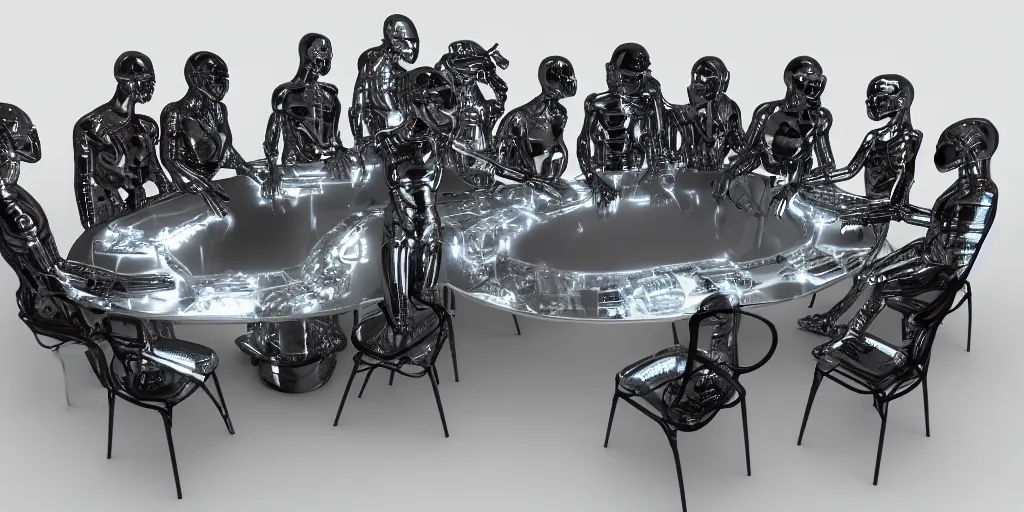 Prompt: !13 diverse cybersuits on !one_side of a reflective !metal table, !!posing_as_last_supper cinematic lighting, intricate cables, detailed glowing implants, satin, crystal, liquid, floating, !!highly detailed