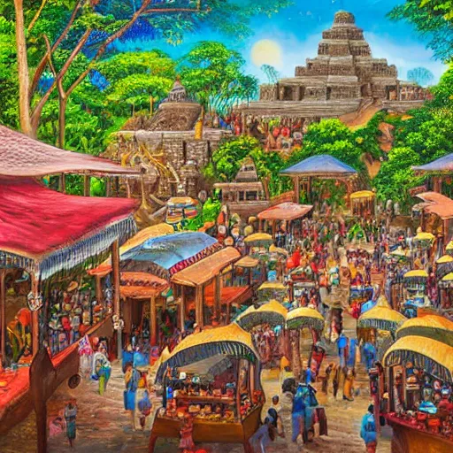 Image similar to enchanted painting of a bustling marketplace in a mayan city in the jungles of honduras, realistic, panoramic, 4 k